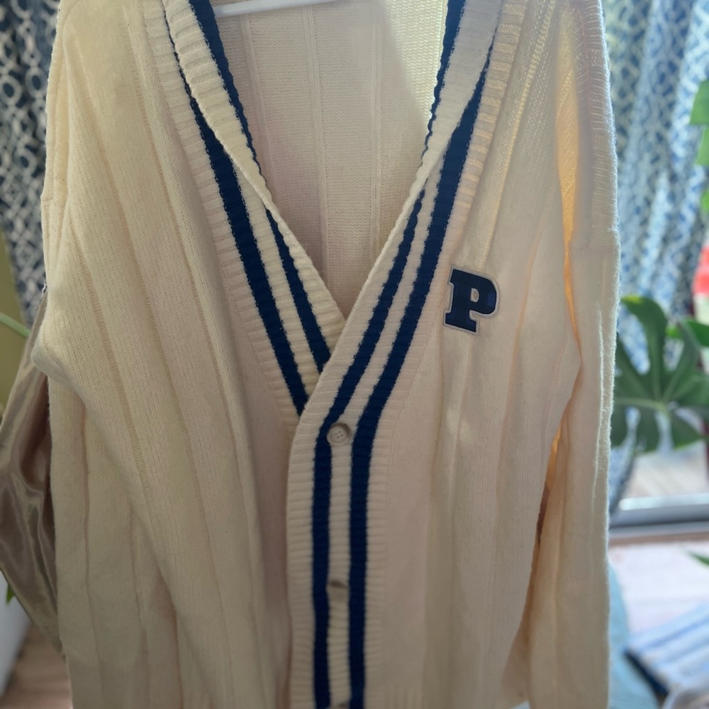 PINK Victoria's Secret Cream and Navy collegiate Sweater with Button Accents